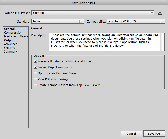 настройки для экспорта PDF из Adobe Illustrator